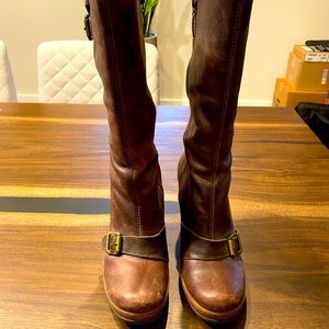 Leather wedges mid-calf boots